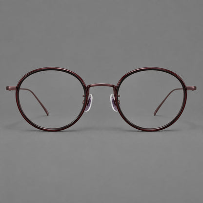 Classic round eyeglasses in acetate and titanium with slim rims and textured metal temples in Glossy Black / Wine Red, front view additional product view