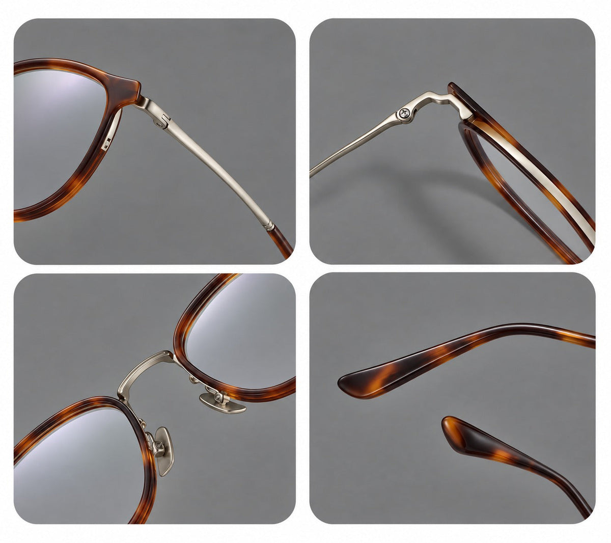 Classic round eyeglasses in acetate and titanium with slim rims and textured metal temples, frame details