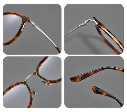 Classic round eyeglasses in acetate and titanium with slim rims and textured metal temples, frame details additional product view