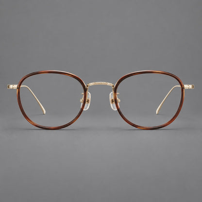 Vintage round eyeglasses in acetate and titanium with an engraved bridge and slender temples in Tortoiseshell / Light Gold, front view side view