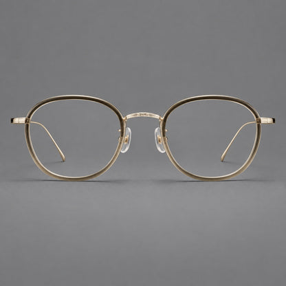 Vintage round eyeglasses in acetate and titanium with an engraved bridge and slender temples in Tea Gradient / Light Gold, front view temple detail