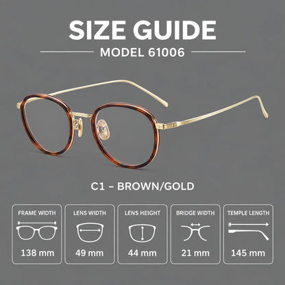 Vintage round eyeglasses in acetate and titanium with an engraved bridge and slender temples, size guide in millimetres additional product view