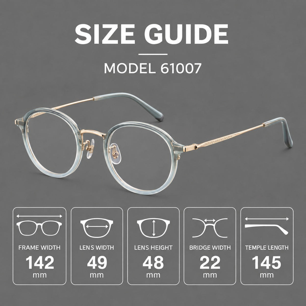 Softly rounded eyeglasses in acetate and titanium with a curved bridge and engraved temples, size guide in millimetres