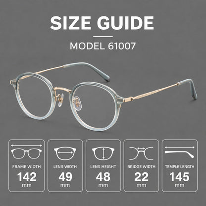 Softly rounded eyeglasses in acetate and titanium with a curved bridge and engraved temples, size guide in millimetres additional product view