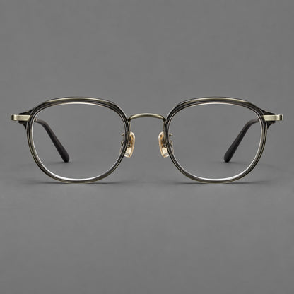 Soft square eyeglasses in acetate and titanium with rounded corners and decorative metal temples in Ice Gray Tortoiseshell / Antique Gold, front view side view