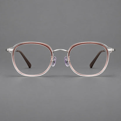 Soft square eyeglasses in acetate and titanium with rounded corners and decorative metal temples in Clear Tea Gradient / Silver, front view temple detail