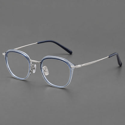 Soft square eyeglasses in acetate and titanium with rounded corners and decorative metal temples in Gray Blue Gradient / Silver, three quarter view additional product view