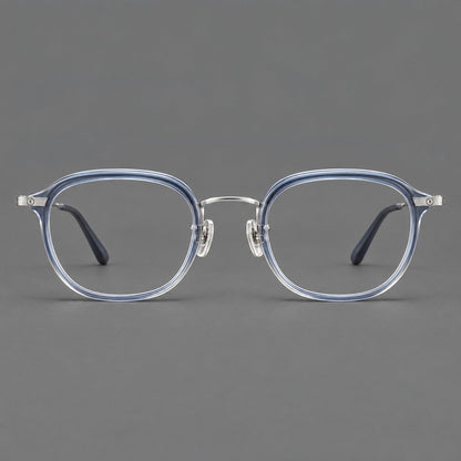 Soft square eyeglasses in acetate and titanium with rounded corners and decorative metal temples in Gray Blue Gradient / Silver, front view additional product view