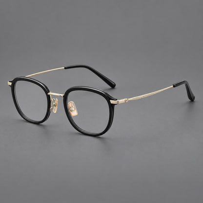 Soft square eyeglasses in acetate and titanium with rounded corners and decorative metal temples in Matte Black / Light Gold, three quarter view additional product view