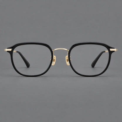Soft square eyeglasses in acetate and titanium with rounded corners and decorative metal temples in Matte Black / Light Gold, front view additional product view