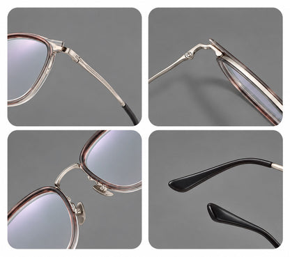 Soft square eyeglasses in acetate and titanium with rounded corners and decorative metal temples, frame details additional product view