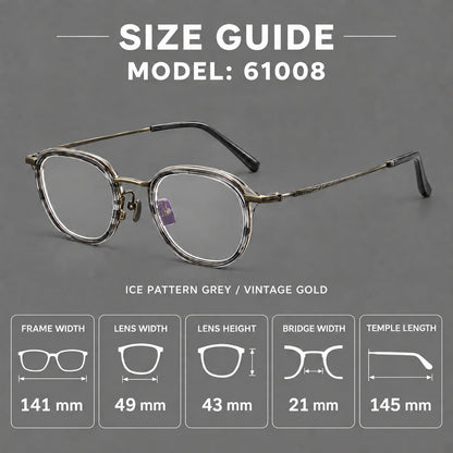 Soft square eyeglasses in acetate and titanium with rounded corners and decorative metal temples, size guide in millimetres additional product view