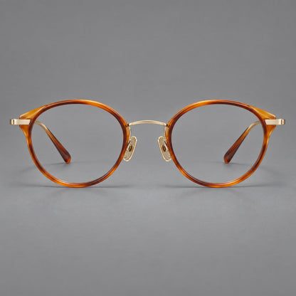 Retro panto eyeglasses in acetate and titanium with an arched bridge and engraved metal temples in Amber Tortoiseshell / Light Gold, front view side view
