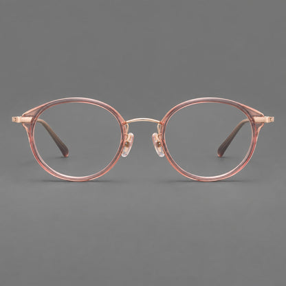 Retro panto eyeglasses in acetate and titanium with an arched bridge and engraved metal temples in Patterned Pink / Rose Gold, front view frame detail