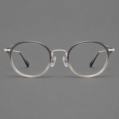 Retro panto eyeglasses in acetate and titanium with an arched bridge and engraved metal temples in Gray Green Gradient / Silver, front view temple detail