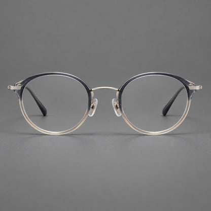 Retro panto eyeglasses in acetate and titanium with an arched bridge and engraved metal temples in Gray Blue Tea Gradient / Light Gunmetal, front view additional product view