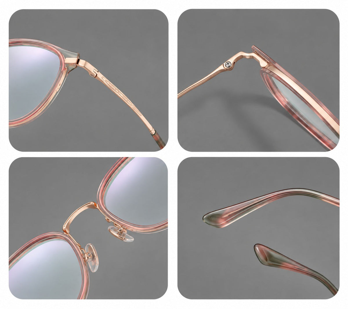 Retro panto eyeglasses in acetate and titanium with an arched bridge and engraved metal temples, frame details