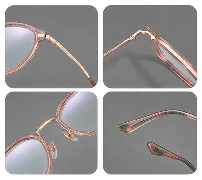 Retro panto eyeglasses in acetate and titanium with an arched bridge and engraved metal temples, frame details additional product view