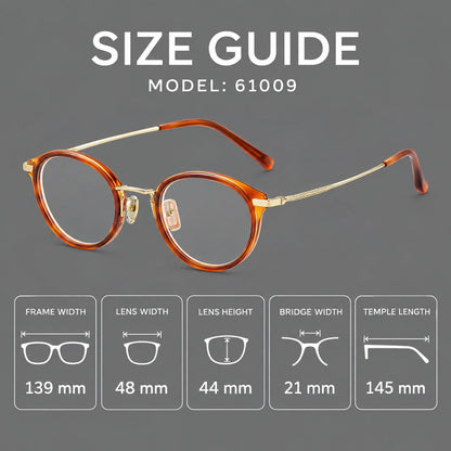Retro panto eyeglasses in acetate and titanium with an arched bridge and engraved metal temples, size guide in millimetres additional product view