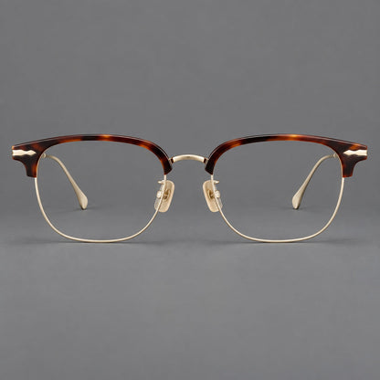 Browline eyeglasses in acetate and titanium with slim metal lower rims and decorative corners in Tortoiseshell / Gold, front view side view