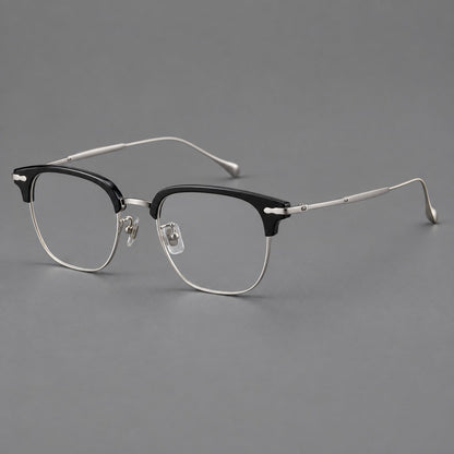 Browline eyeglasses in acetate and titanium with slim metal lower rims and decorative corners in Glossy Black / Silver, three quarter view additional product view