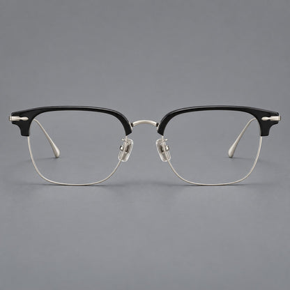 Browline eyeglasses in acetate and titanium with slim metal lower rims and decorative corners in Glossy Black / Silver, front view additional product view