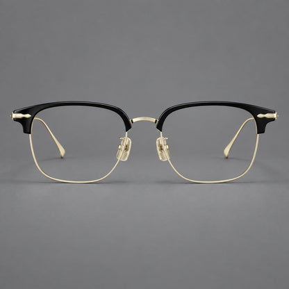 Browline eyeglasses in acetate and titanium with slim metal lower rims and decorative corners in Glossy Black / Gold, front view additional product view