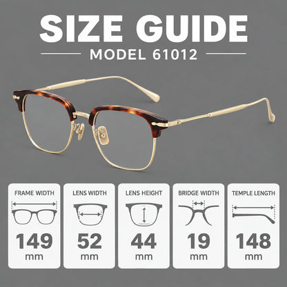 Browline eyeglasses in acetate and titanium with slim metal lower rims and decorative corners, size guide in millimetres additional product view