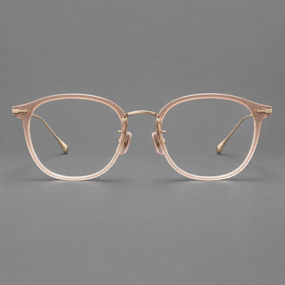 Panto eyeglasses in acetate and titanium with curved brows and decorative metal corner accents in Nude Pink / Gold, front view side view