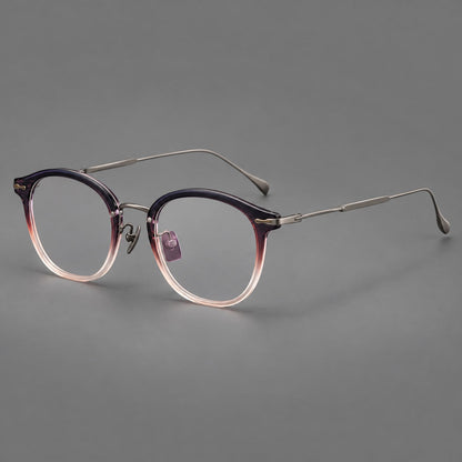 Panto eyeglasses in acetate and titanium with curved brows and decorative metal corner accents in Purple Pink Gradient / Gunmetal, three quarter view front view