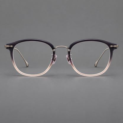 Panto eyeglasses in acetate and titanium with curved brows and decorative metal corner accents in Purple Pink Gradient / Gunmetal, front view frame detail
