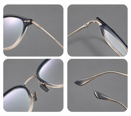 Panto eyeglasses in acetate and titanium with curved brows and decorative metal corner accents, frame details additional product view