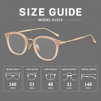 Panto eyeglasses in acetate and titanium with curved brows and decorative metal corner accents, size guide in millimetres additional product view