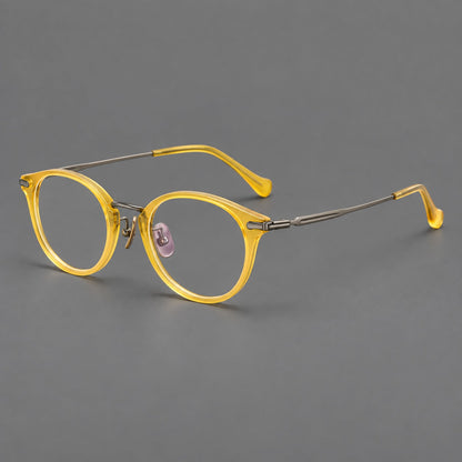Vintage panto eyeglasses in acetate and titanium with raised brows and textured metal temples in Lemon Yellow / Gunmetal, three quarter view additional product view