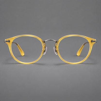 Vintage panto eyeglasses in acetate and titanium with raised brows and textured metal temples in Lemon Yellow / Gunmetal, front view additional product view