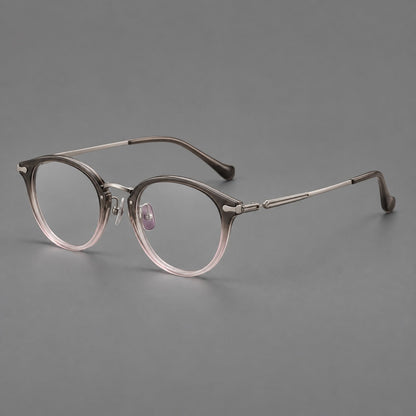 Vintage panto eyeglasses in acetate and titanium with raised brows and textured metal temples in Mist Pink Gradient / Gunmetal, three quarter view additional product view