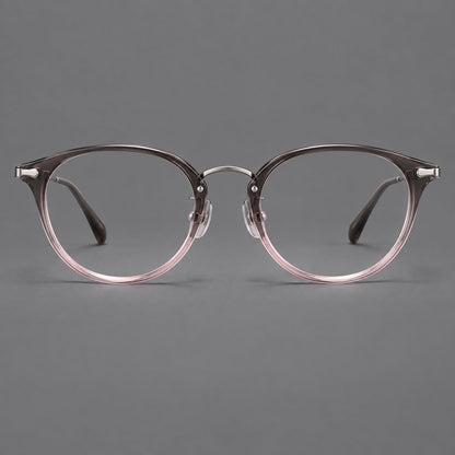 Vintage panto eyeglasses in acetate and titanium with raised brows and textured metal temples in Mist Pink Gradient / Gunmetal, front view additional product view