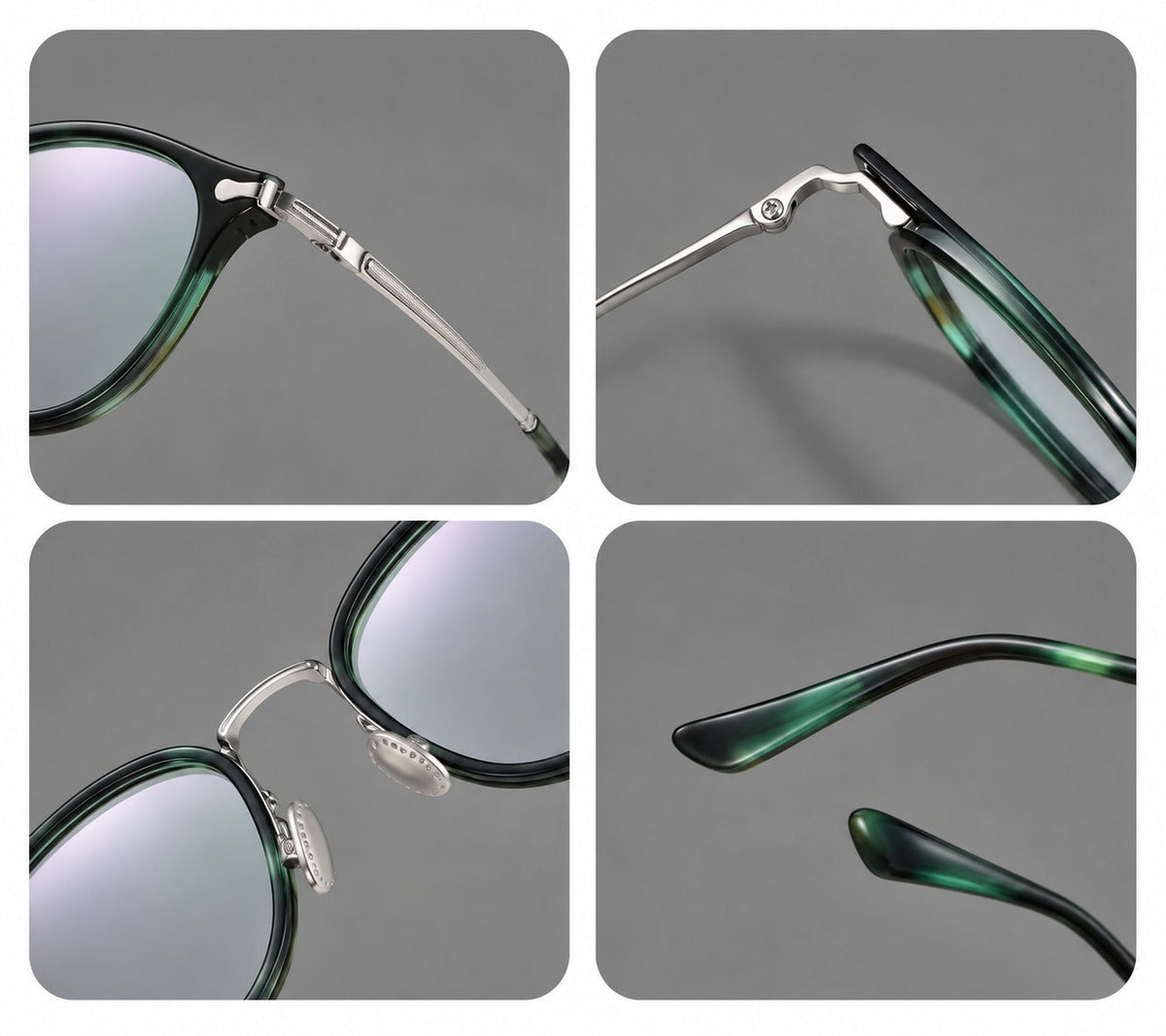 Vintage panto eyeglasses in acetate and titanium with raised brows and textured metal temples, frame details