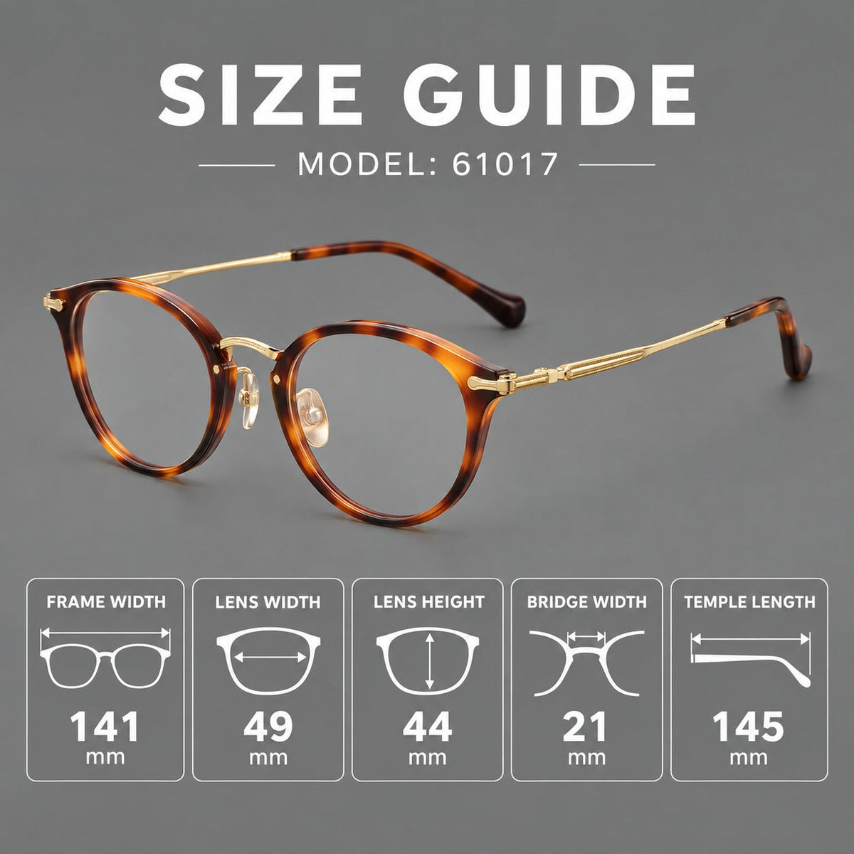 Vintage panto eyeglasses in acetate and titanium with raised brows and textured metal temples, size guide in millimetres