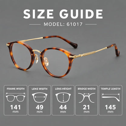 Vintage panto eyeglasses in acetate and titanium with raised brows and textured metal temples, size guide in millimetres additional product view