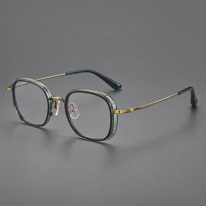 Rounded square eyeglasses in acetate and titanium with an arched bridge and engraved temples in Misted Clear Green / Antique Gold, three quarter view front view