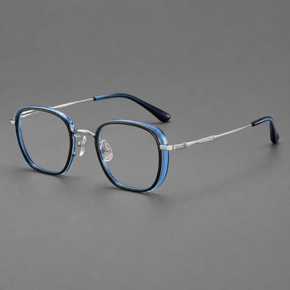 Rounded square eyeglasses in acetate and titanium with an arched bridge and engraved temples in Black and Clear Blue / Silver, three quarter view additional product view