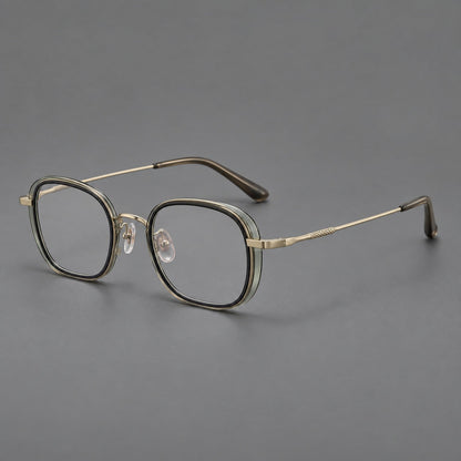 Rounded square eyeglasses in acetate and titanium with an arched bridge and engraved temples in Clear Tea Gray Green / Light Gold, three quarter view additional product view