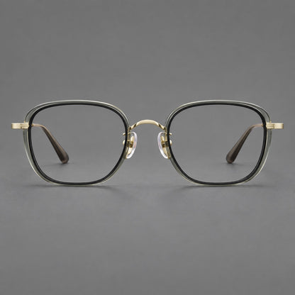 Rounded square eyeglasses in acetate and titanium with an arched bridge and engraved temples in Clear Tea Gray Green / Light Gold, front view additional product view