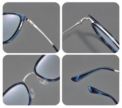 Rounded square eyeglasses in acetate and titanium with an arched bridge and engraved temples, frame details additional product view
