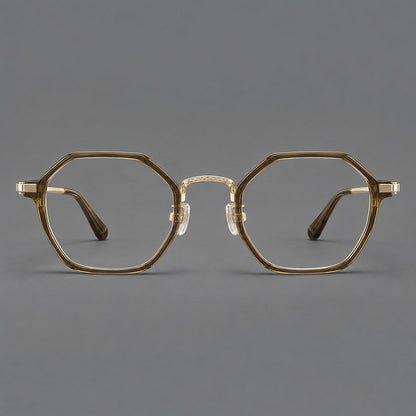 Geometric eyeglasses in acetate and titanium with octagonal rims and a textured metal bridge in Clear Tea Green / Light Gold, front view additional product view
