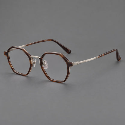 Geometric eyeglasses in acetate and titanium with octagonal rims and a textured metal bridge in Warm Tea Brown / Light Gunmetal, three quarter view additional product view