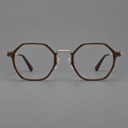 Geometric eyeglasses in acetate and titanium with octagonal rims and a textured metal bridge in Warm Tea Brown / Light Gunmetal, front view additional product view