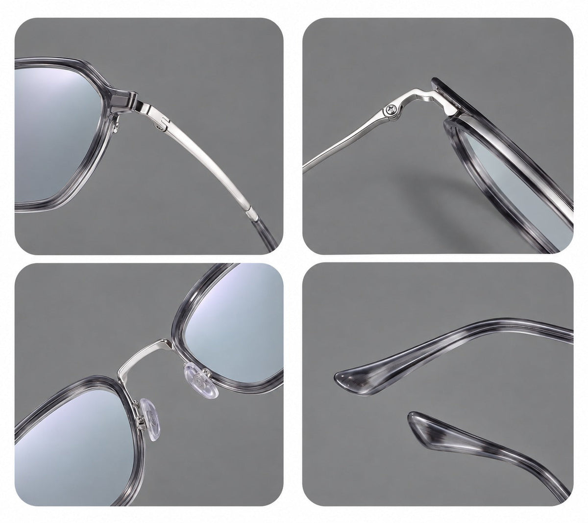 Geometric eyeglasses in acetate and titanium with octagonal rims and a textured metal bridge, frame details