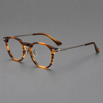 Retro acetate and titanium eyeglasses with soft square rims and sculpted metal corners in Brown Woodgrain / Gray, three quarter view
